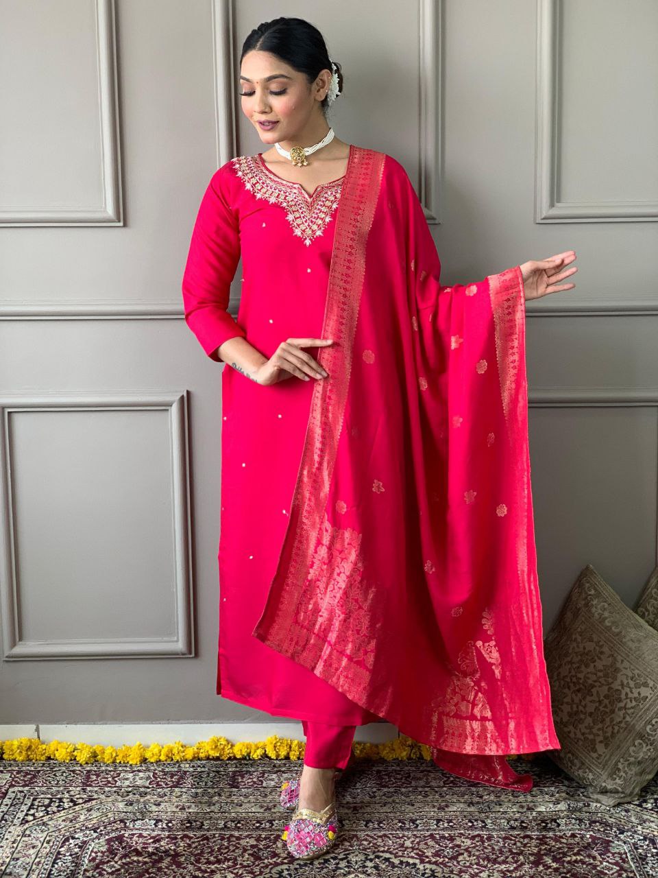 Designer Chanderi Viscose Kurta Pant With Dupatta