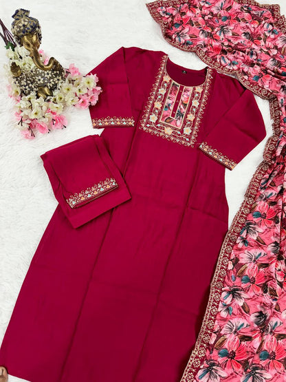 Designer Chanderi Viscose Kurta Pant With Dupatta