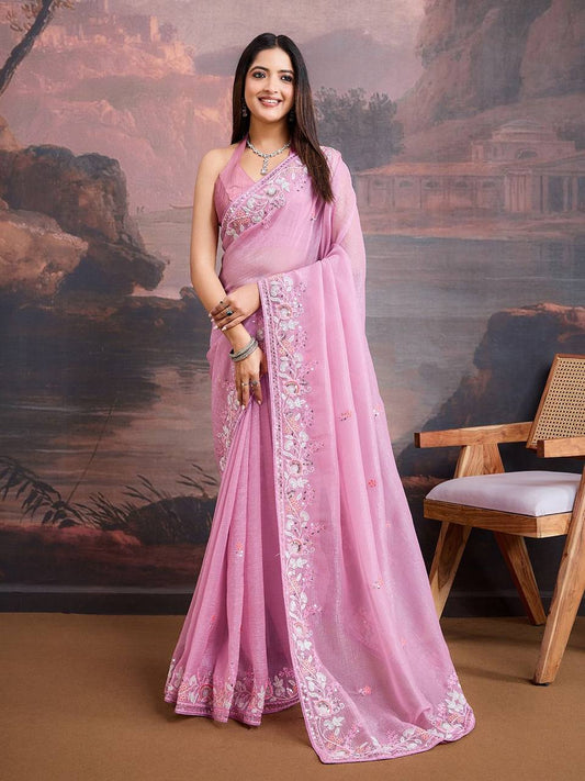 Pink Designer Crunchy Organza Silk Saree