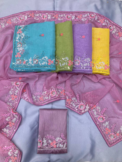 Lavender Designer Crunchy Organza Silk Saree