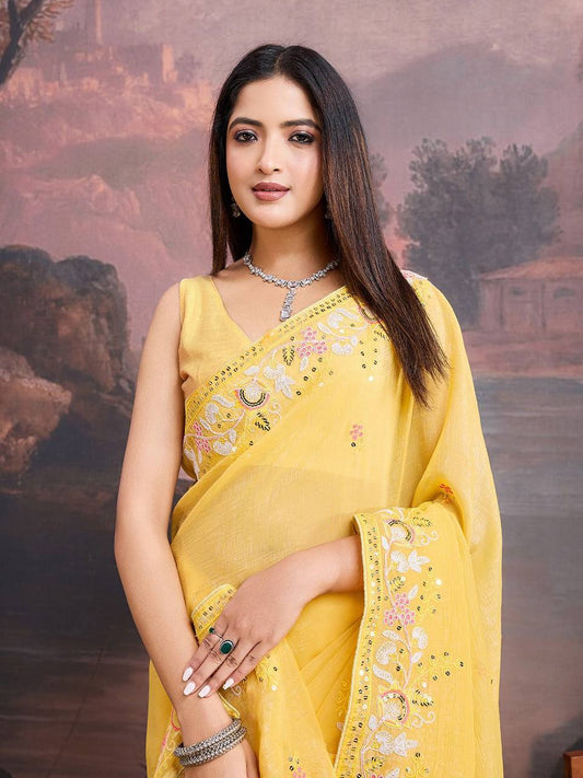 Yellow Designer Crunchy Organza Silk Saree