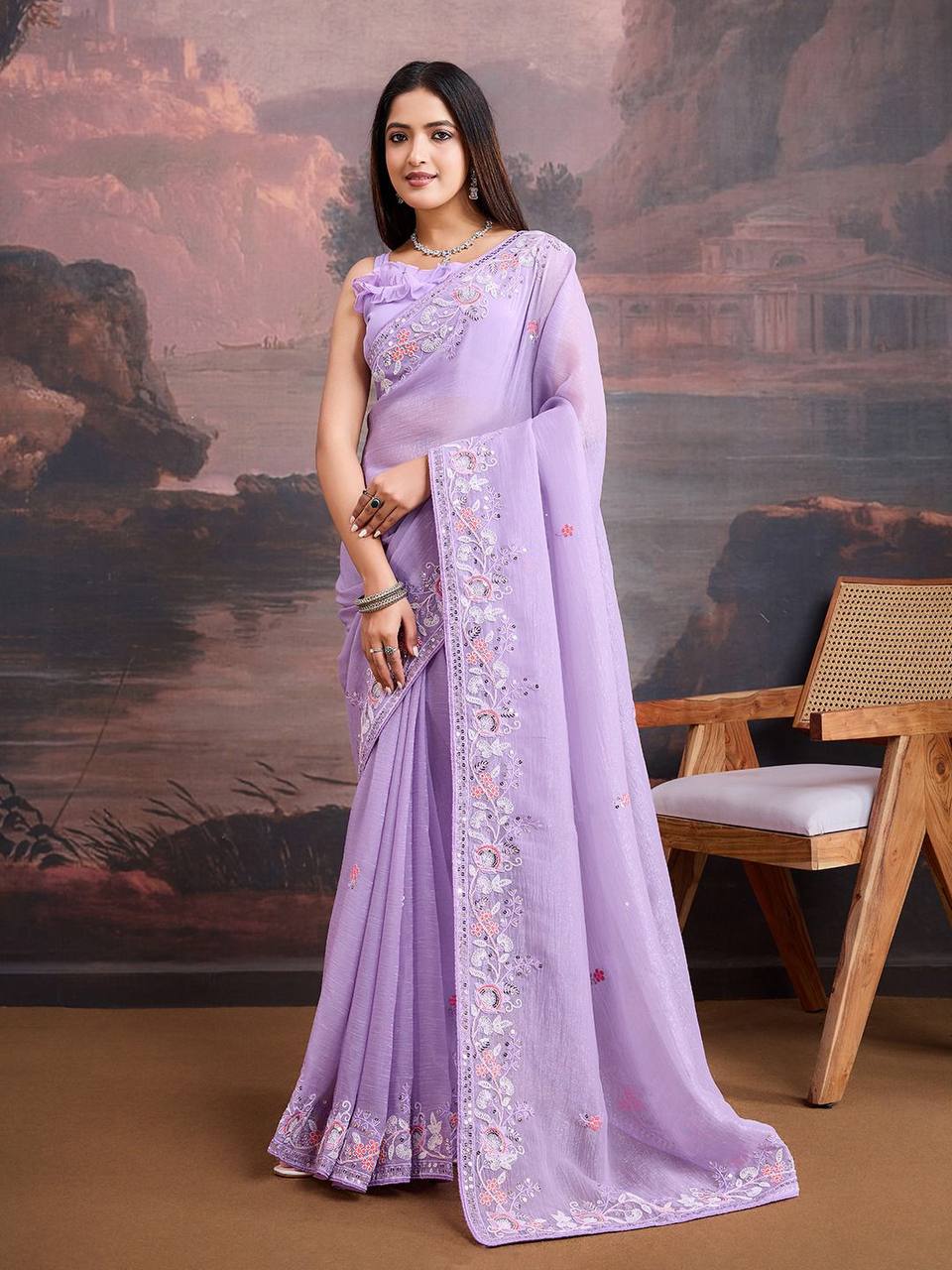 Lavender Designer Crunchy Organza Silk Saree