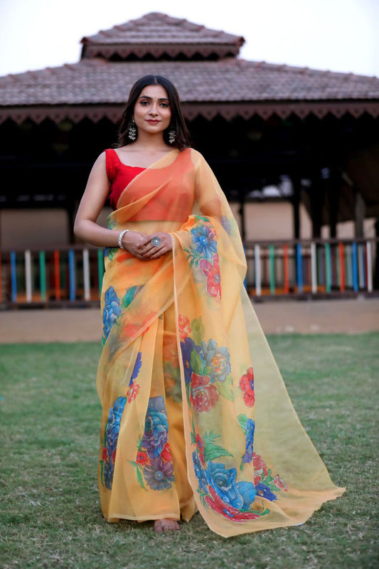 Designer Floral Printed Organza Saree