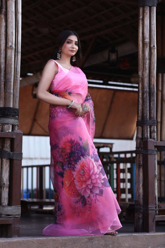 Designer Floral Printed Organza Saree