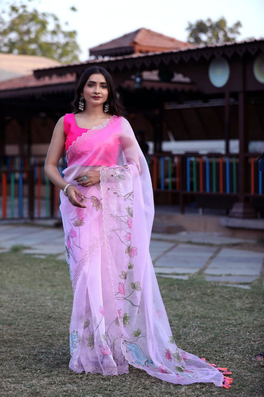 Designer Floral Printed Organza Saree