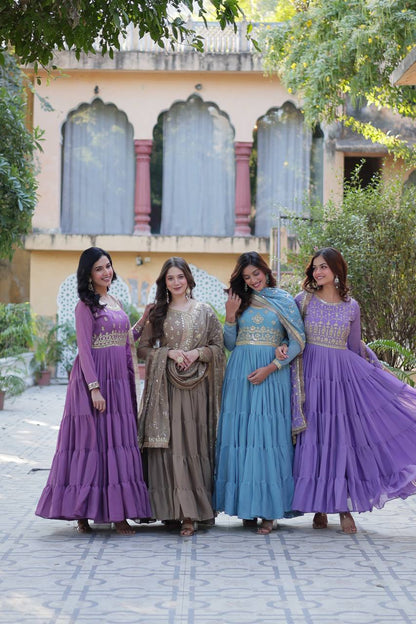 Cool Blue Designer Georgette Gown With Dupatta