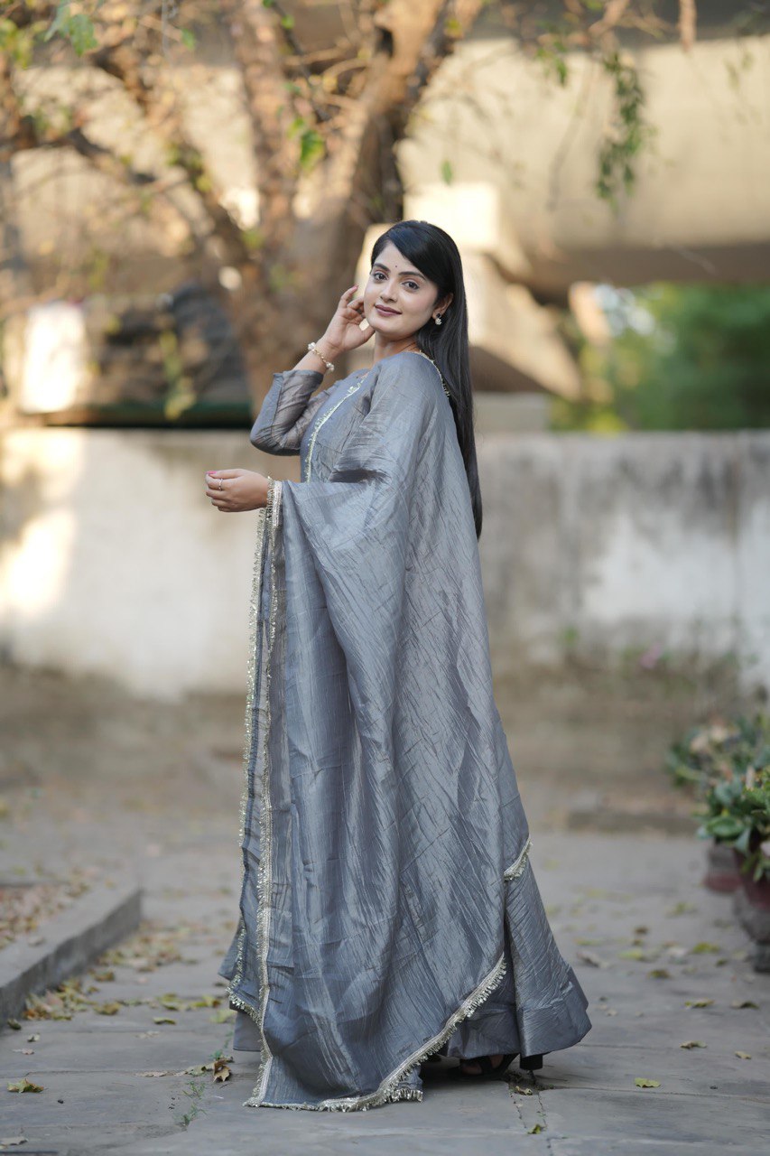 Designer Gold Crush Gown With Dupatta