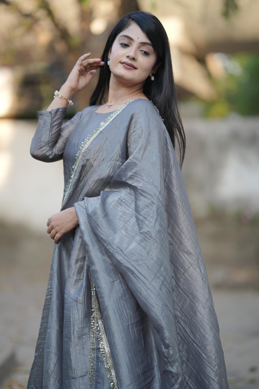 Designer Gold Crush Gown With Dupatta