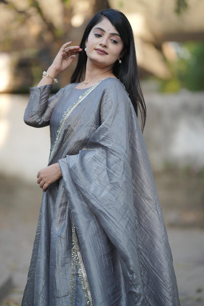 Designer Gold Crush Gown With Dupatta