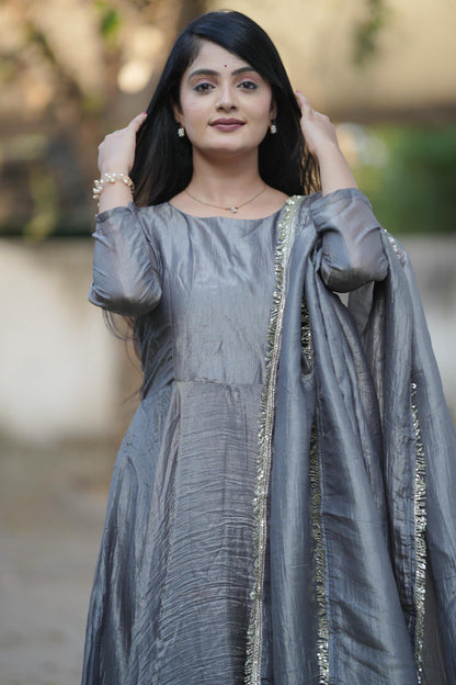 Designer Gold Crush Gown With Dupatta