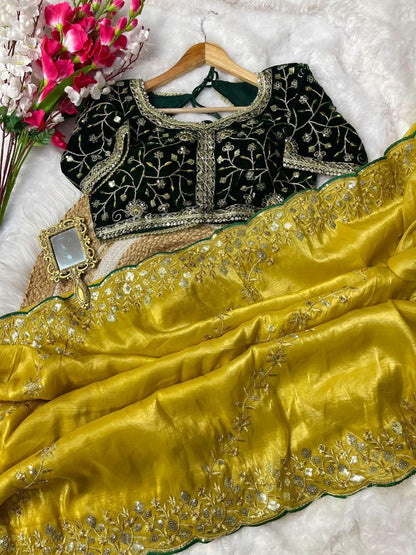 Designer Golden Crush Saree In Multi Color