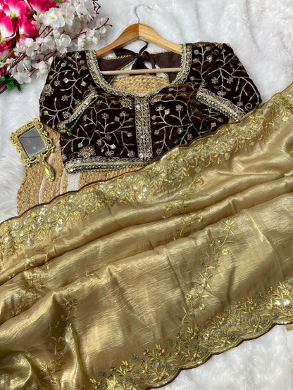 Designer Golden Crush Saree In Multi Color