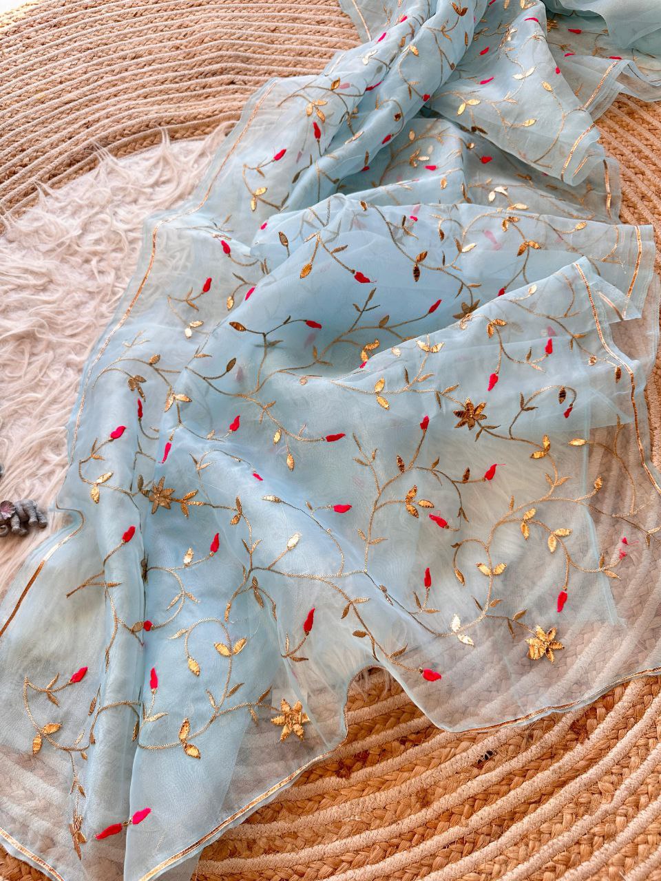 Designer Gota Worked Organza Saree In Sky