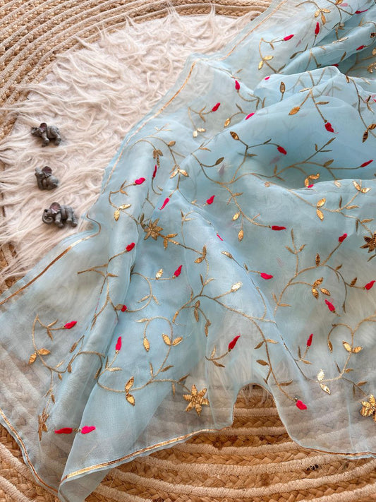 Designer Gota Worked Organza Saree In Sky