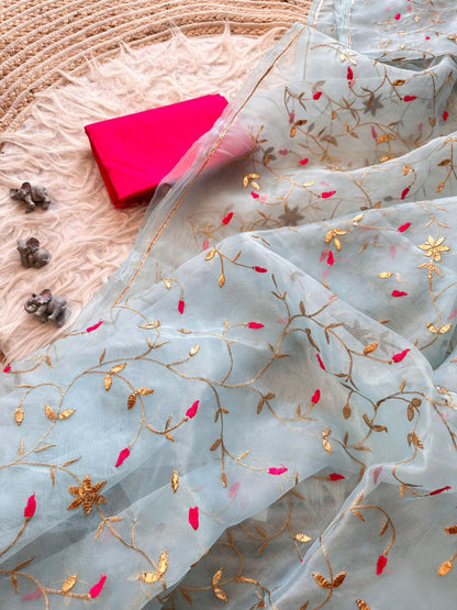 Designer Gota Worked Organza Saree In Sky