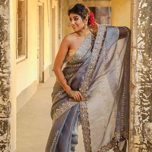 Designer Gray Organza Silk Saree