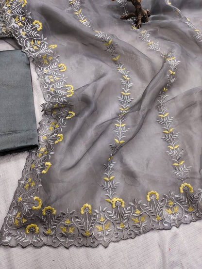 Designer Gray Organza Silk Saree