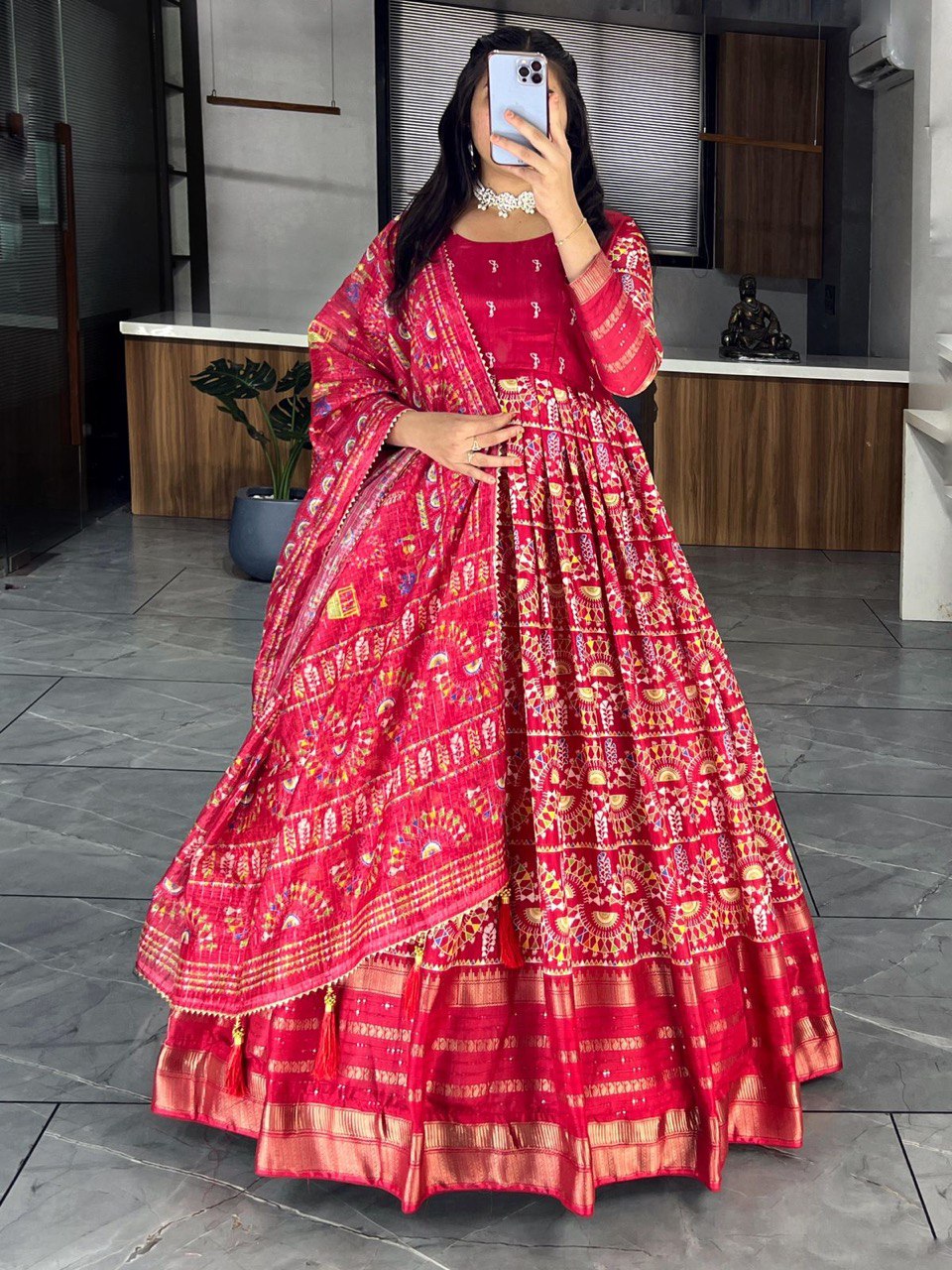 Red Designer Long Gown Dress With Dupatta