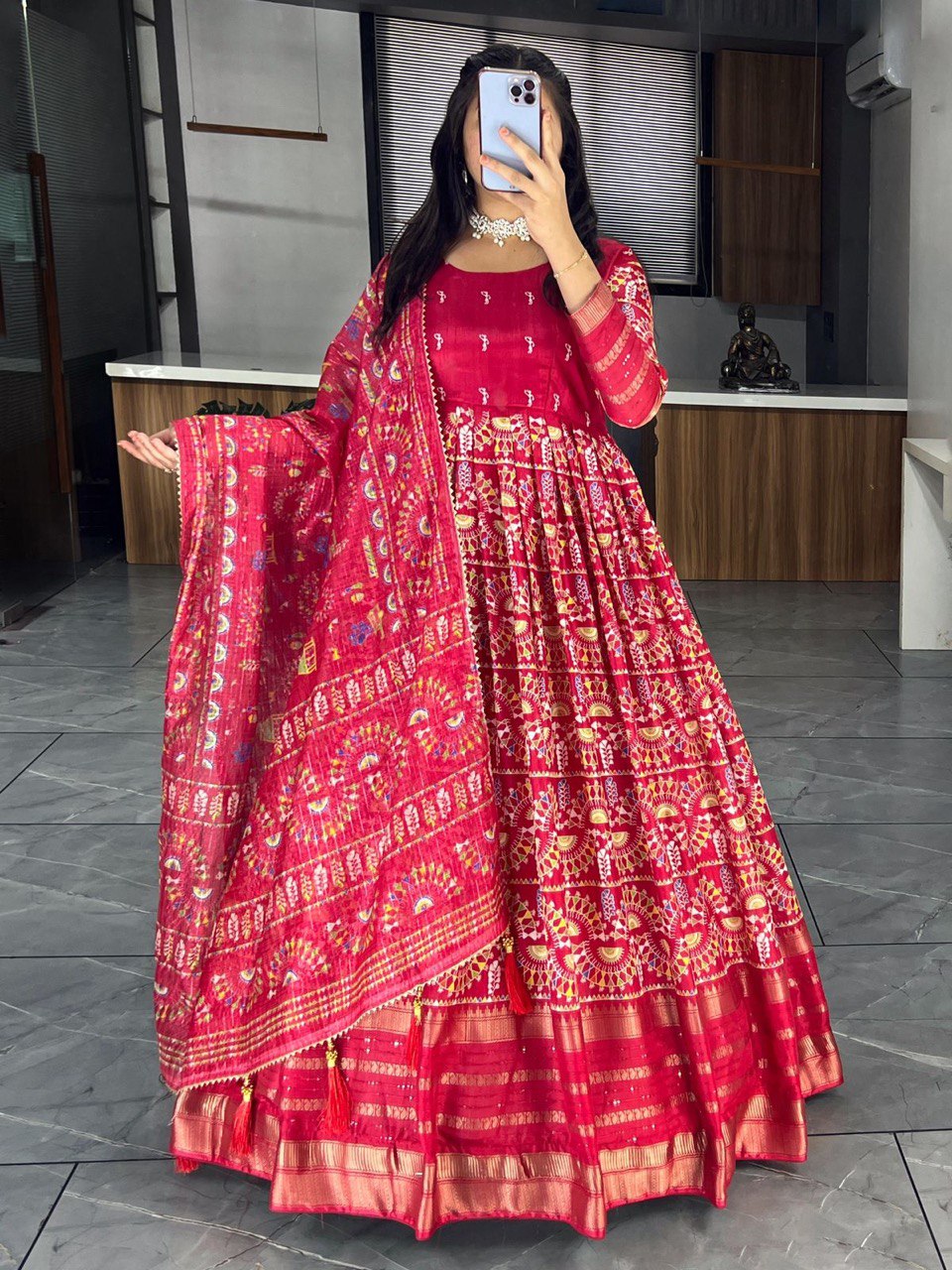 Red Designer Long Gown Dress With Dupatta