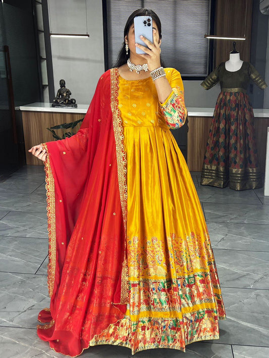 Mustard Designer Long Gown Dress With Dupatta
