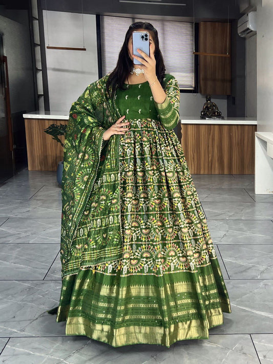 Olive Green Designer Long Gown Dress With Dupatta