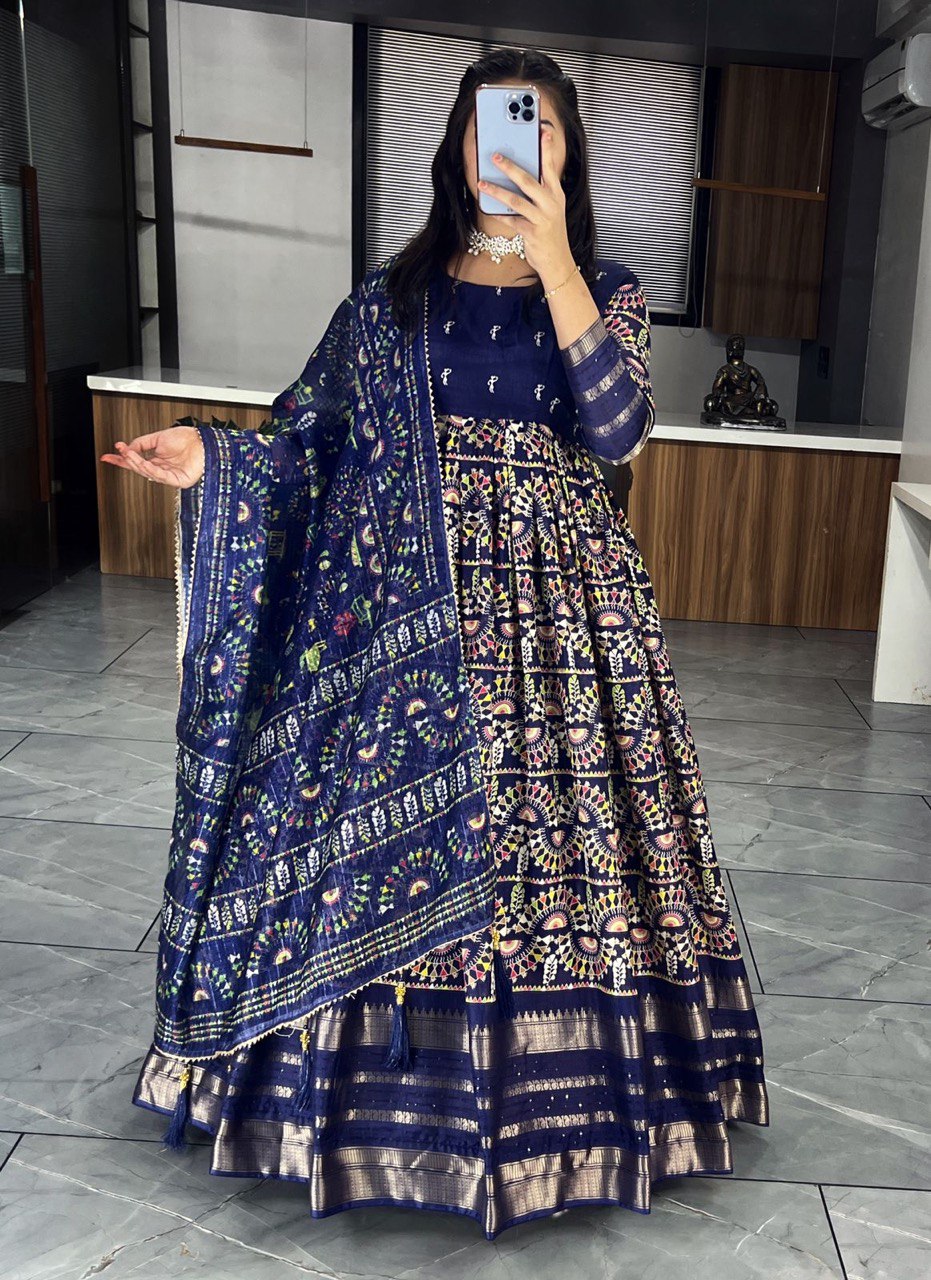 Navy Designer Long Gown Dress With Dupatta