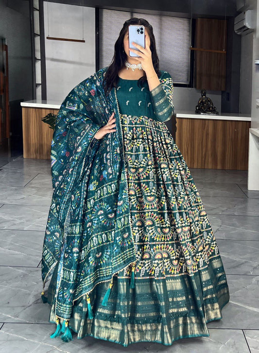 Green Designer Long Gown Dress With Dupatta