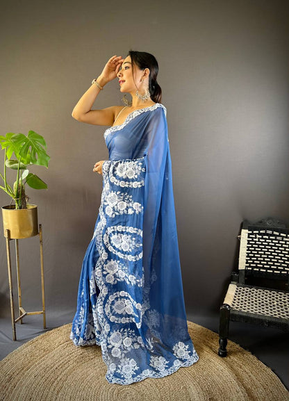 Blue Designer Organza Silk Saree