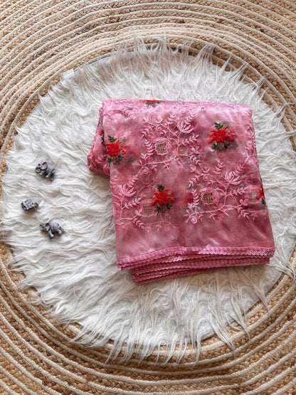 Pink Designer Organza Silk Saree