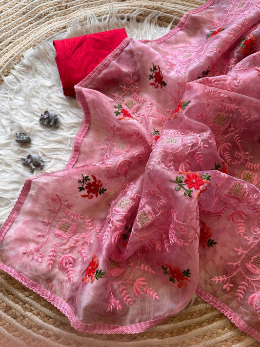 Pink Designer Organza Silk Saree