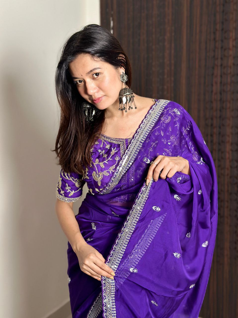 Purple Designer Organza Tabby Silk Saree