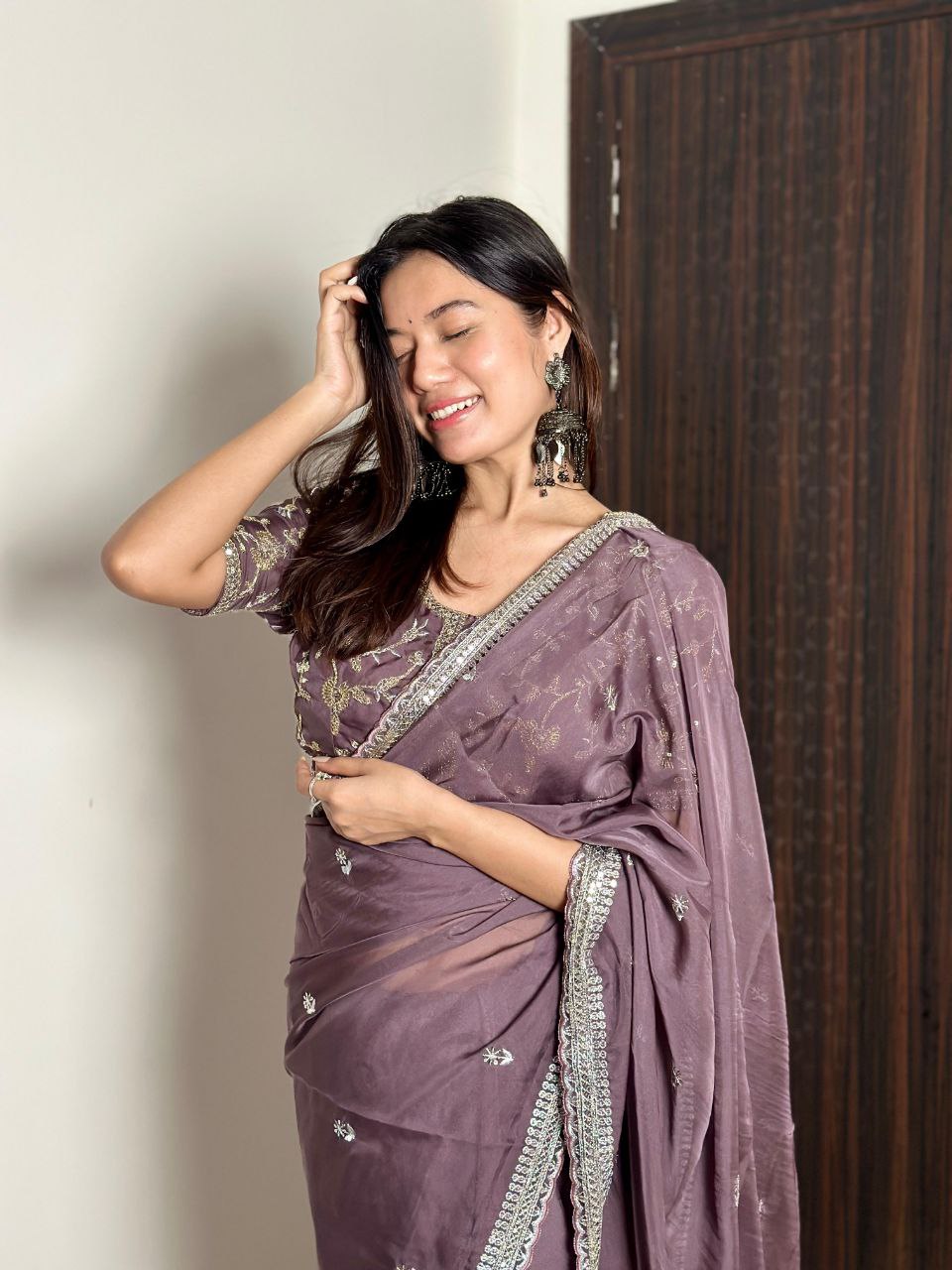 Purplish Grey Designer Organza Tabby Silk Saree