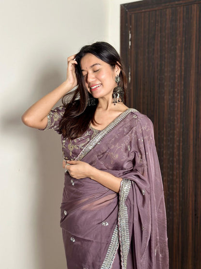 Purplish Grey Designer Organza Tabby Silk Saree