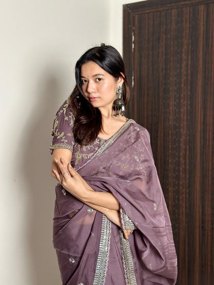 Purplish Grey Designer Organza Tabby Silk Saree