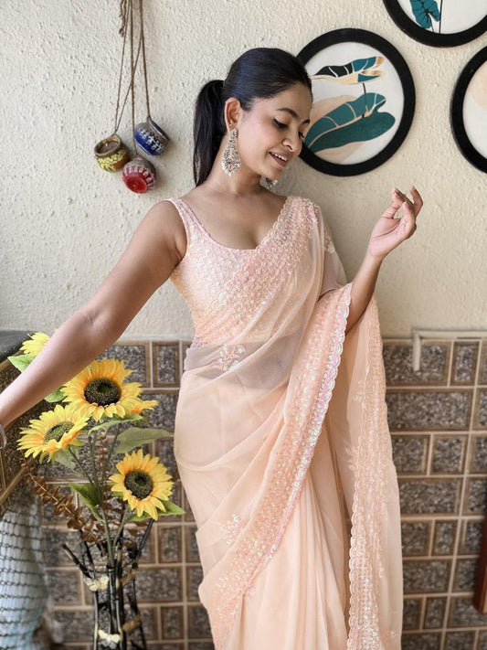 Peach Designer Party Wear Georgette Saree