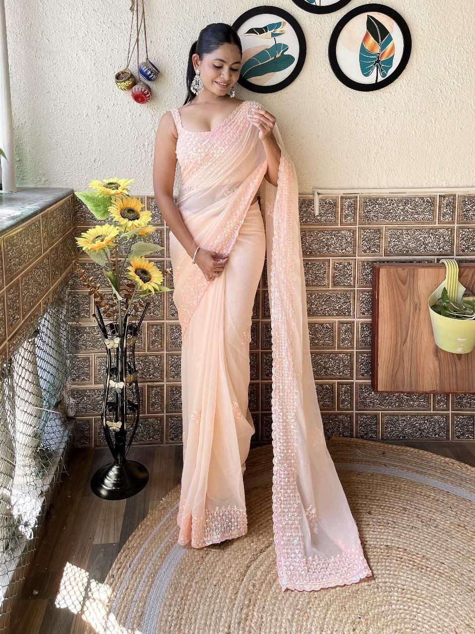 Peach Designer Party Wear Georgette Saree