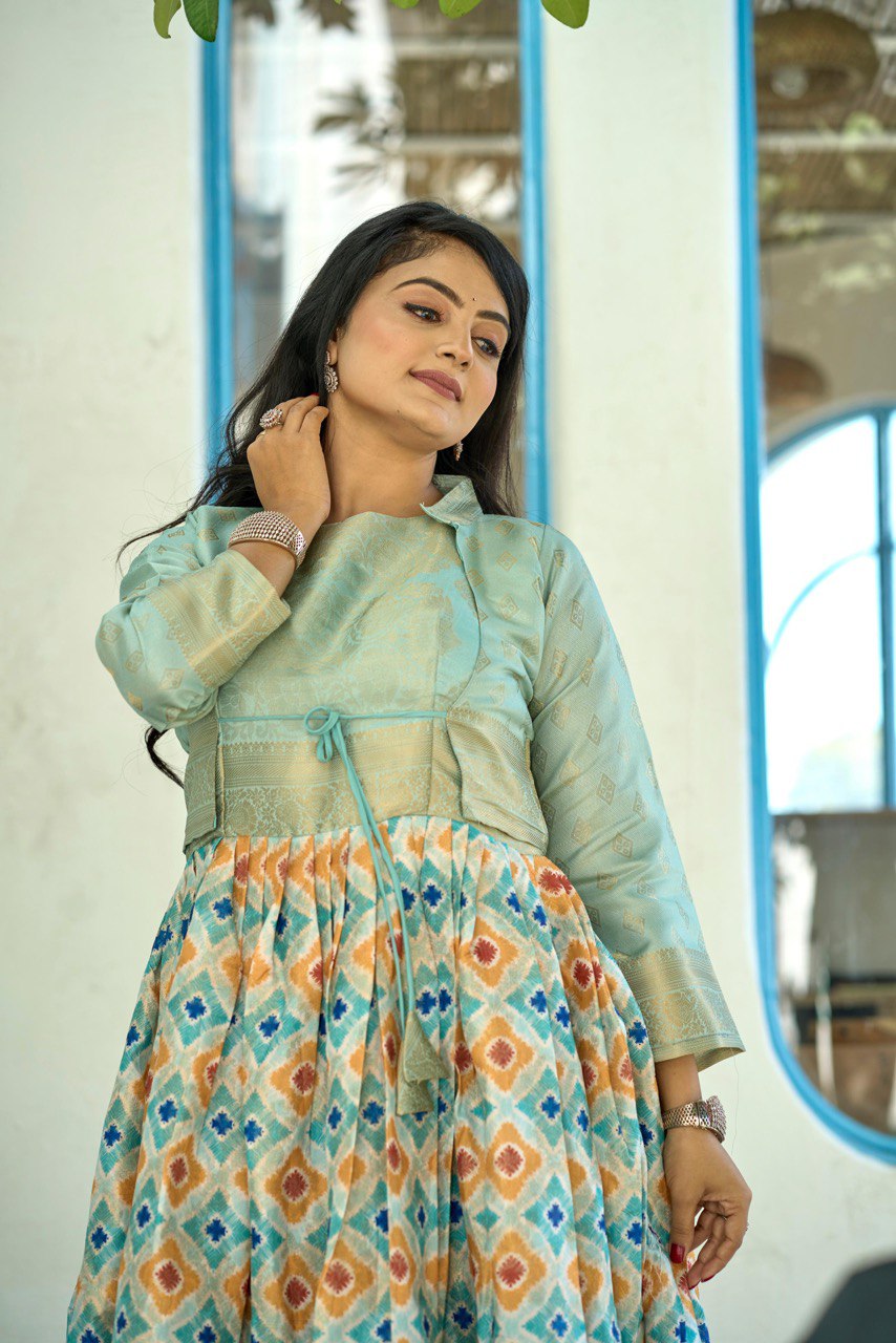 Designer Printed Silk Koti Gown Dress