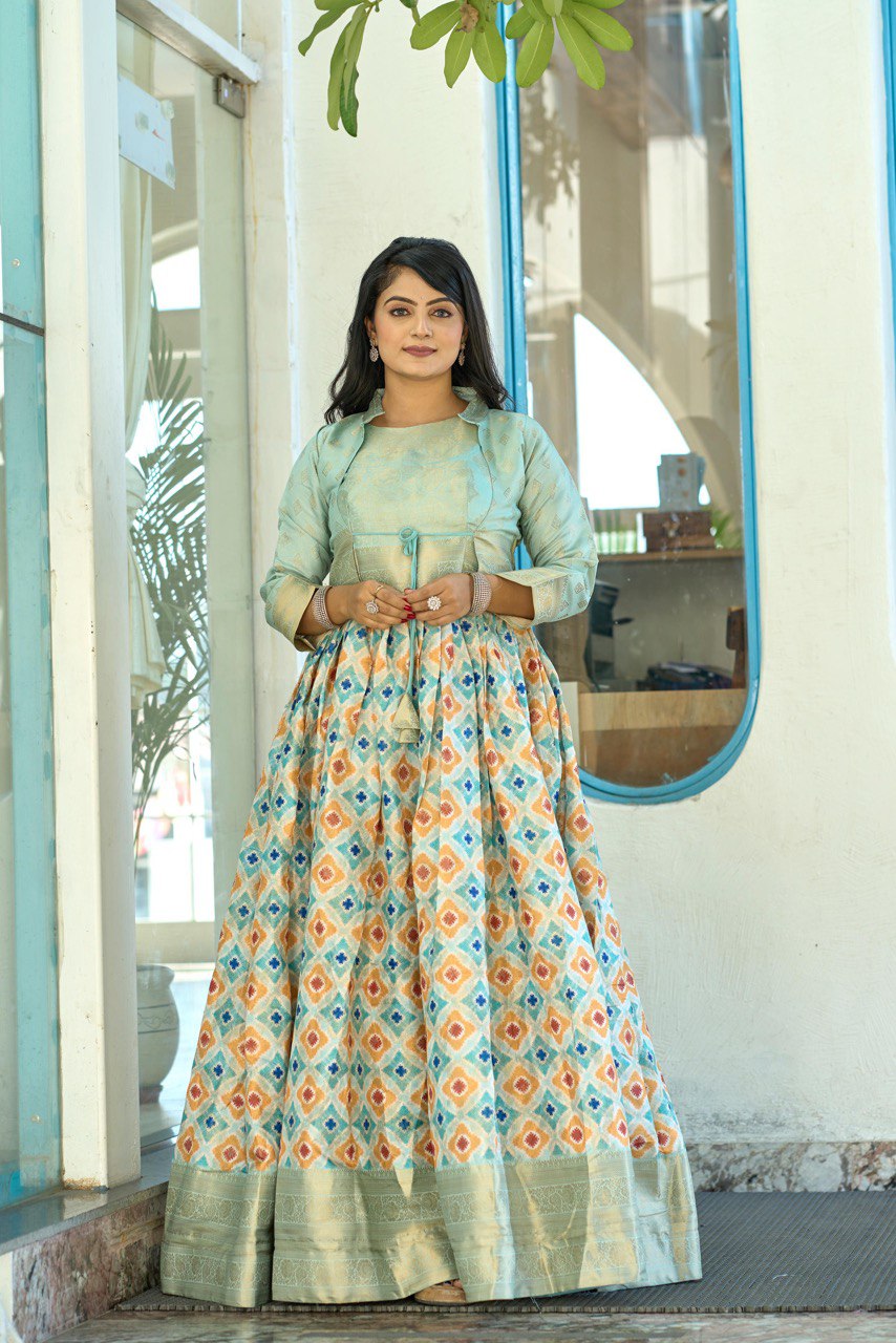 Designer Printed Silk Koti Gown Dress