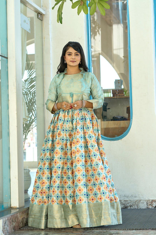 Designer Printed Silk Koti Gown Dress