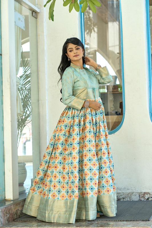 Designer Printed Silk Koti Gown Dress