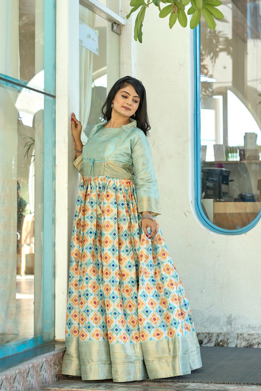 Designer Printed Silk Koti Gown Dress