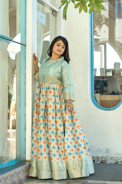 Designer Printed Silk Koti Gown Dress