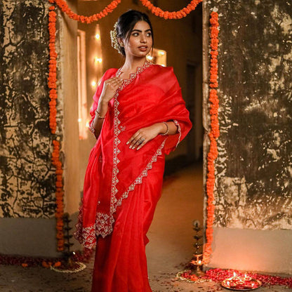 Designer Red Organza Silk Saree