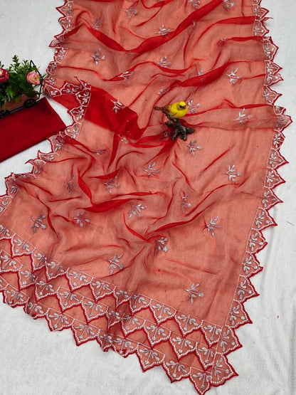Designer Red Organza Silk Saree