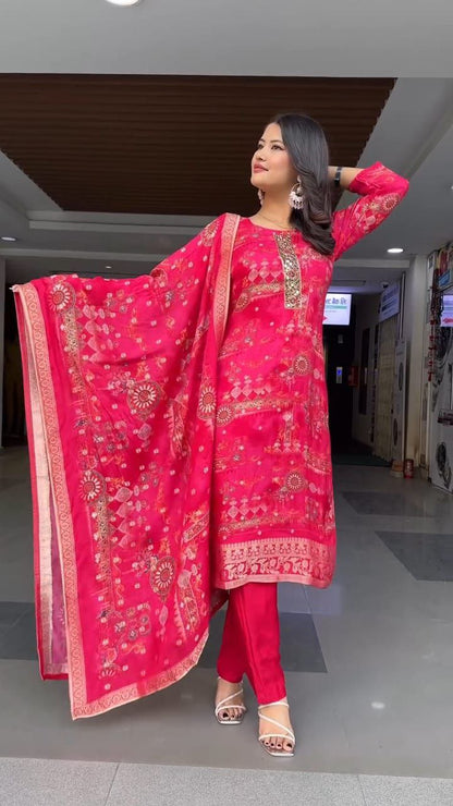 Designer Silk Suit Set With Five Free Pearl Necklace