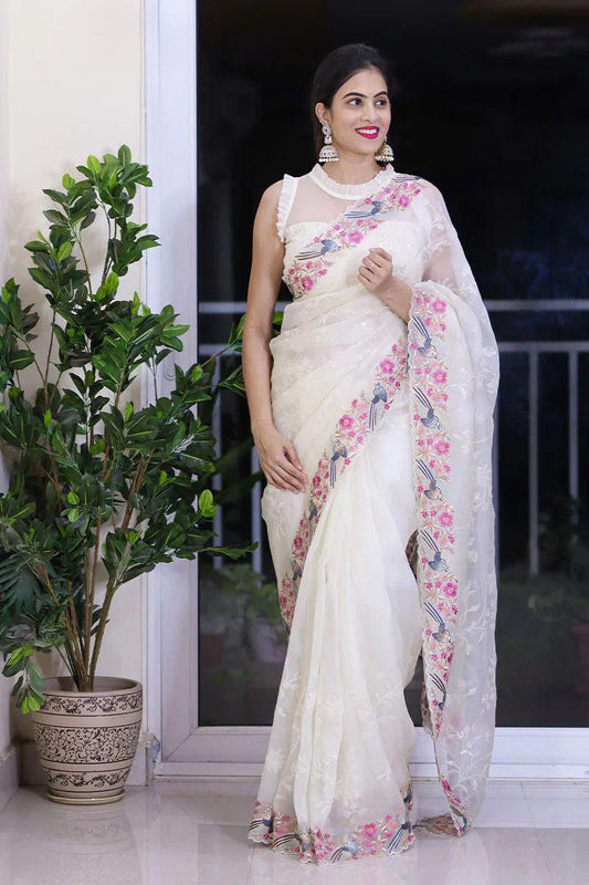 Designer Thread Worked Organza Saree