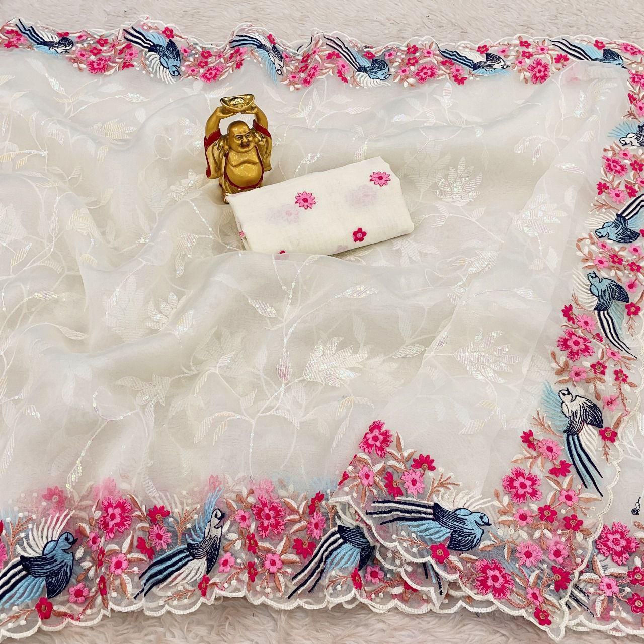 Designer Thread Worked Organza Saree