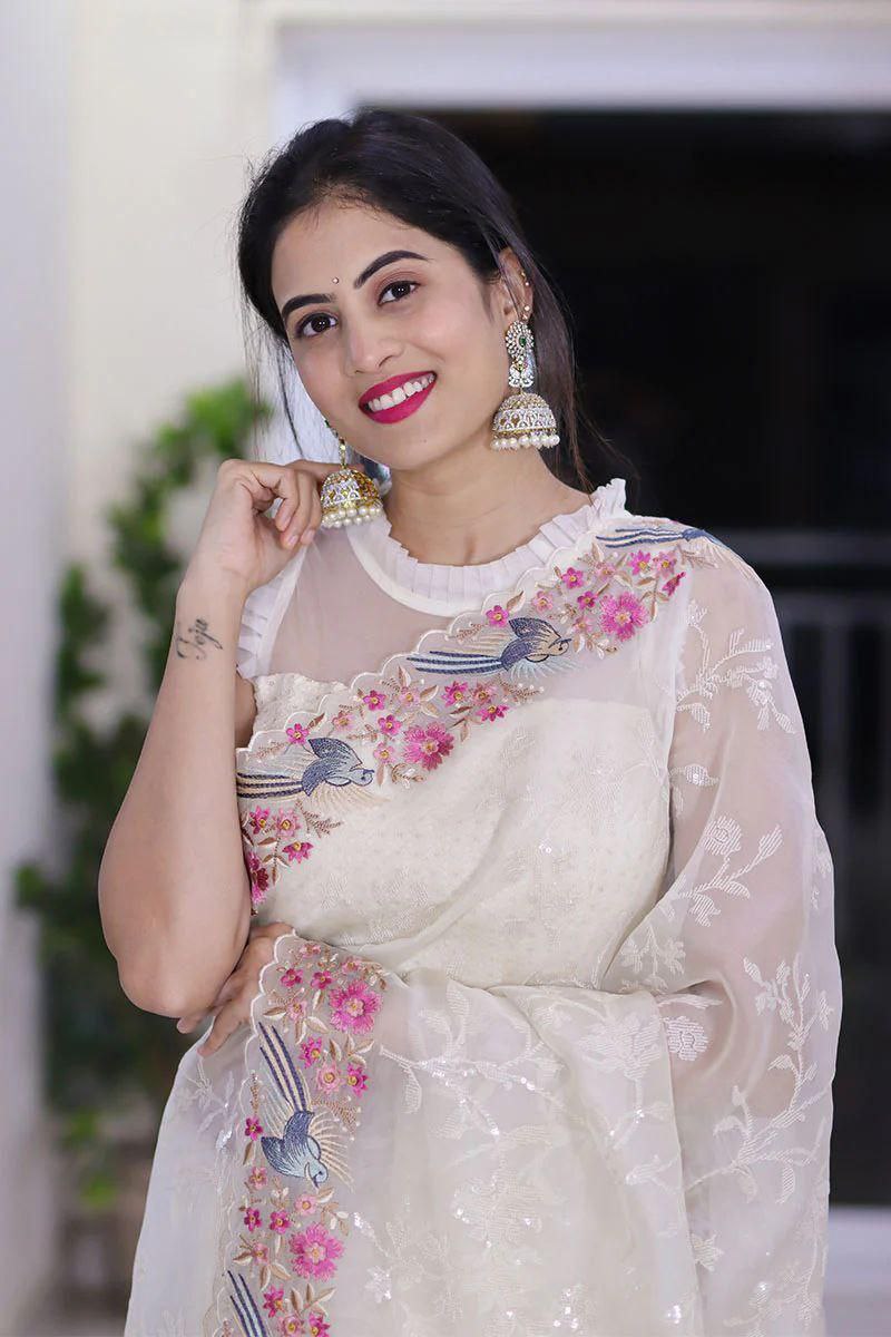 Designer Thread Worked Organza Saree
