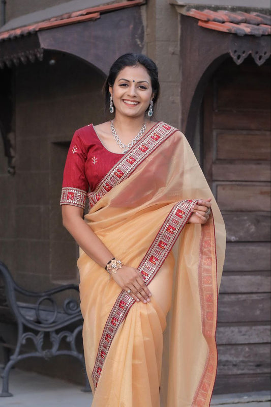 Cream Designer Tissue Zari Silk Saree