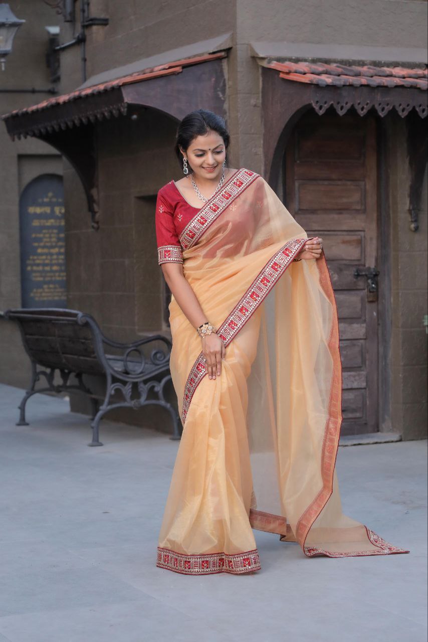 Cream Designer Tissue Zari Silk Saree